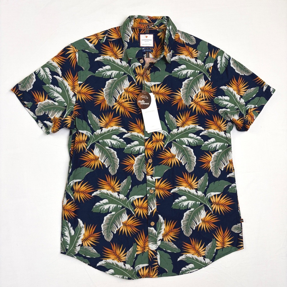 NWT Cactus Man Ricky Singh Mens Medium Slim Fit Tropical Palm Leaf Print Shirt